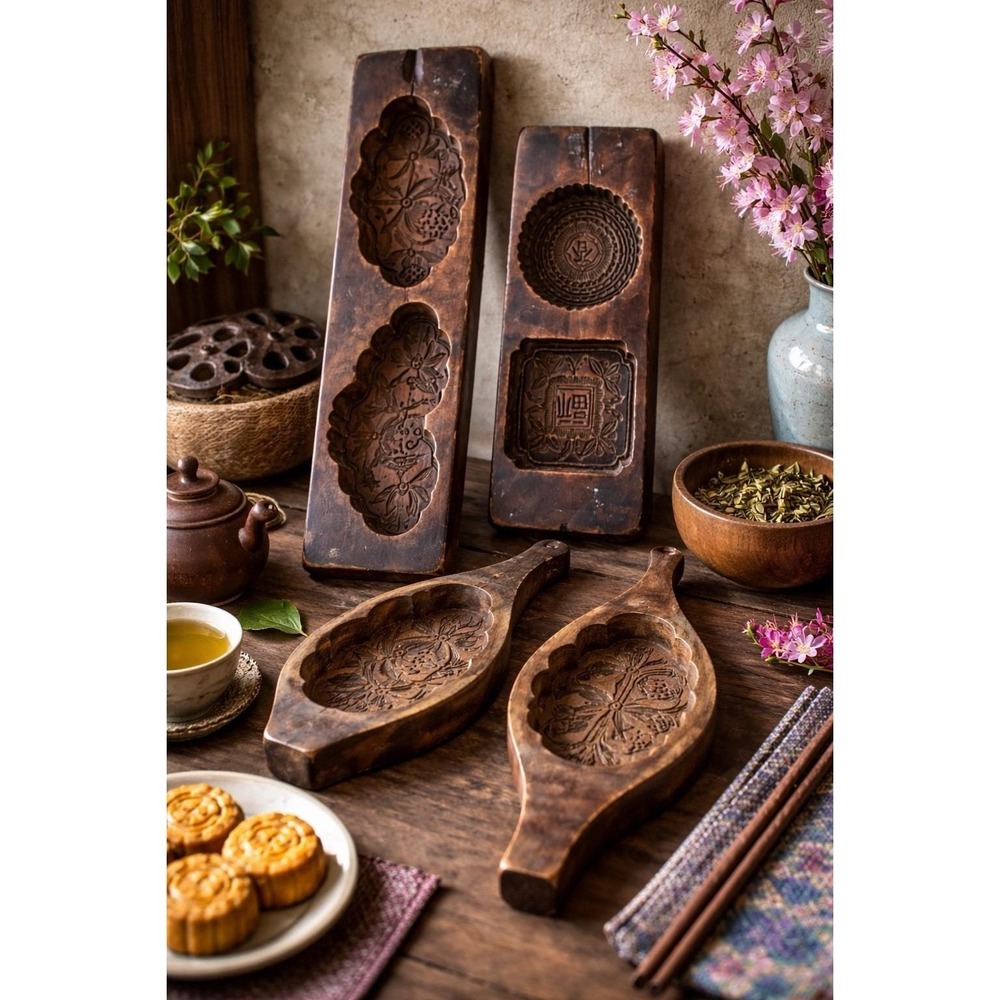 VTG/antique Chinese/Japanese Hand Carved Wooden Mooncake Rice‎ Cake Molds Set 4